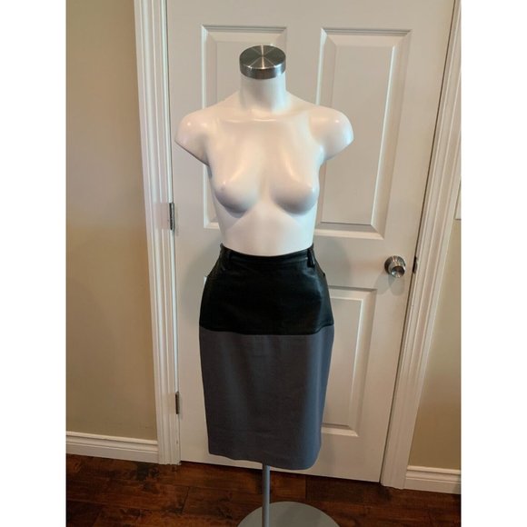 Jean Paul Gaultier Femme Gray Pencil Skirt w/ Black Leather Panel, Size 6